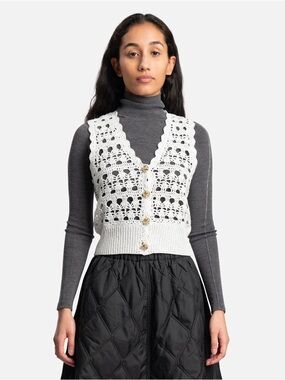 Ganni White Crocheted Button Vest with Gold Buttons